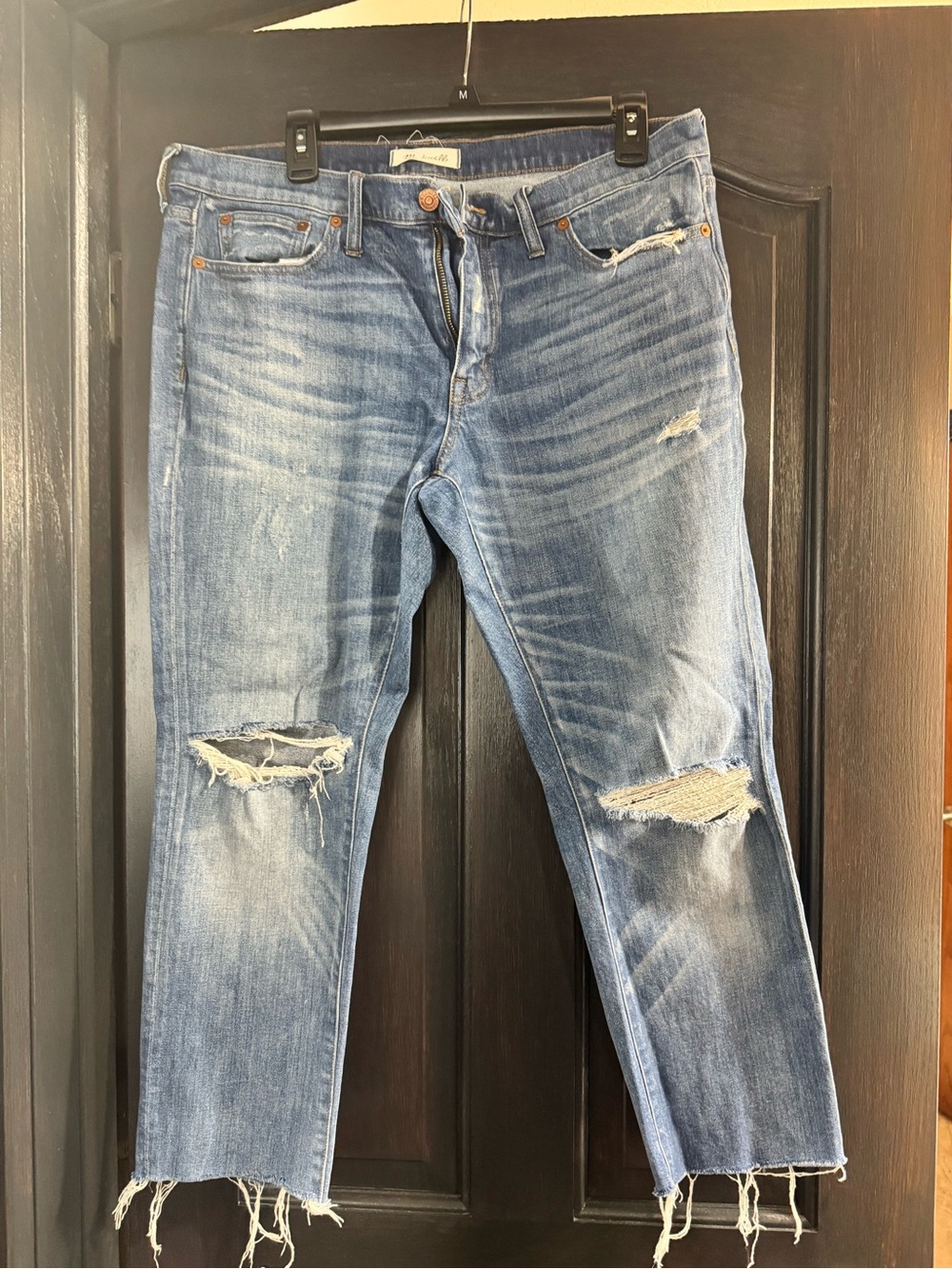 Madewell Blue Distressed Slim Straight Jeans with Frayed Hem